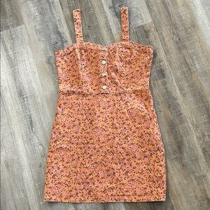 Floral Button-Front Back-Zip Denim Dress